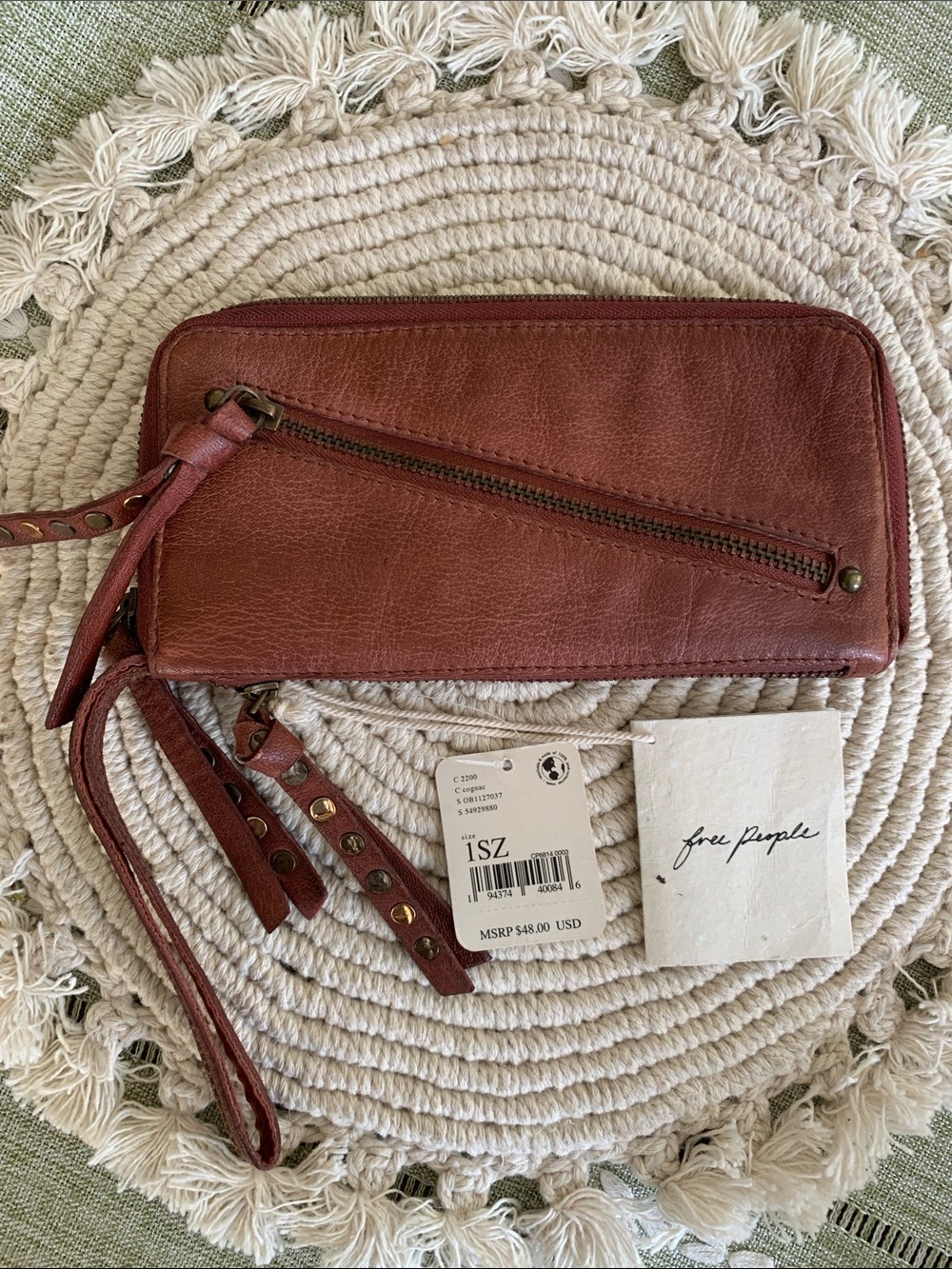 Free People Rust Brown Leather Wristlet Clutch with Studded Tassel